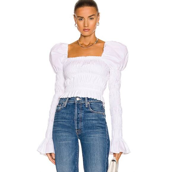 Caroline Constas Delilah Top White Size Large Long Sleeve Puff Shoulders Smocked - Picture 1 of 11